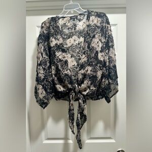 Cato Black and White Floral Tie-Front Blouse